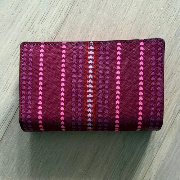 Kate Spade Burgundy Wallet with Pink Heart Stripes - Picture 2 of 5